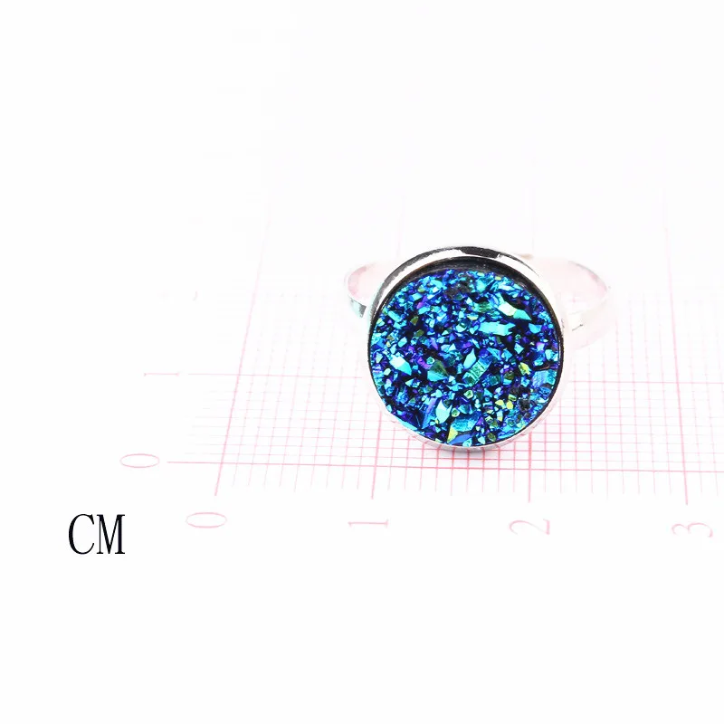 Fashion Stone Geode Quartz Crystal Cuff Rings Round Drusy Druzy Resin Ring Silver Plated Rings For Women Accessories Jewelry (9)