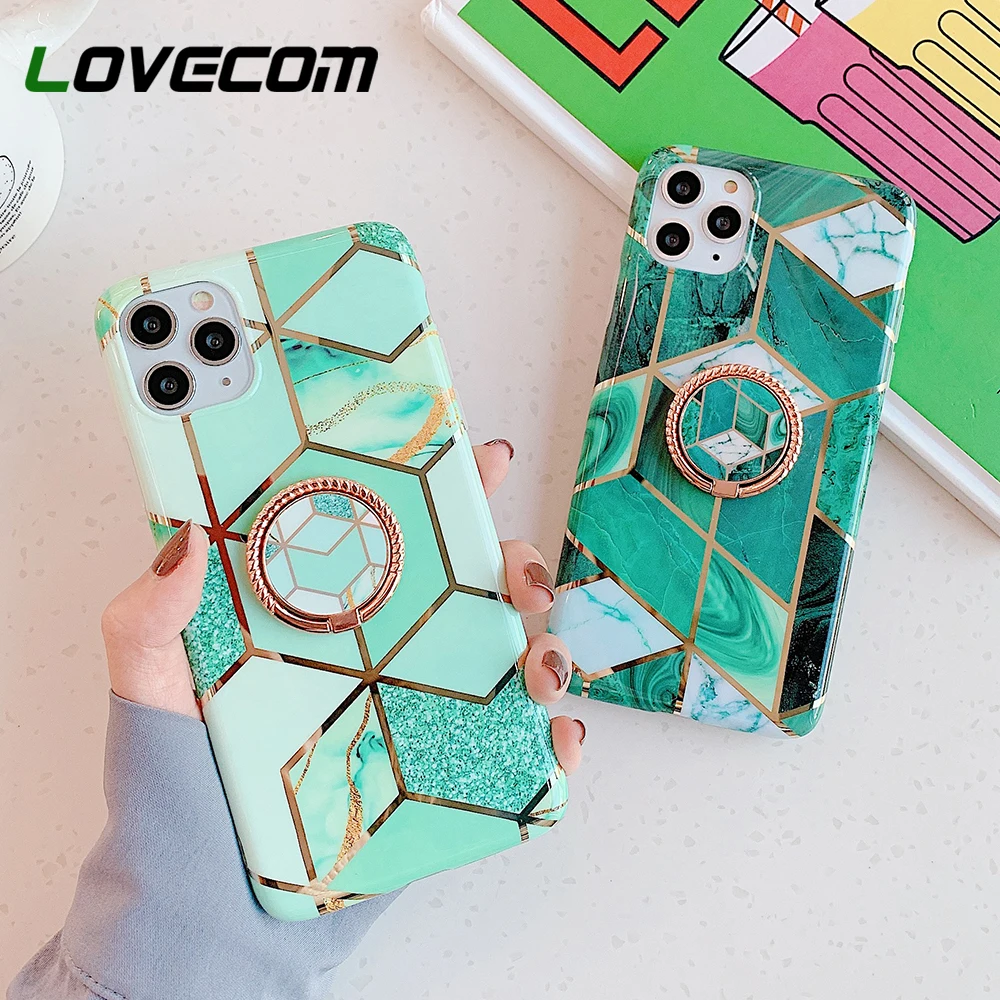Green Geometric Marble Metalic Ring Phone Case For Samsung A51 A50 Note 10 8 9 S8 S9 S10 Plus Soft IMD Plated Cover | Мобильные