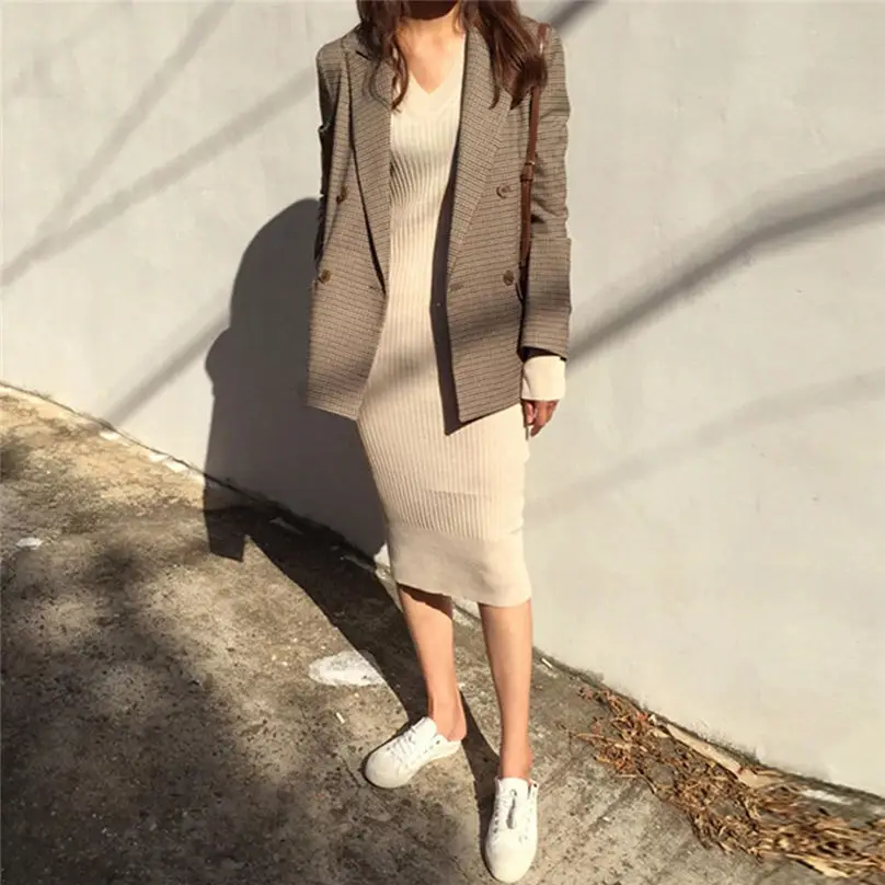 New Fashio Winter Jacket Women Casual Autumn Button Pocket Plaid Long Sleeve Slim Temperament Overcoat Coat куртка женская 4A29 (6)