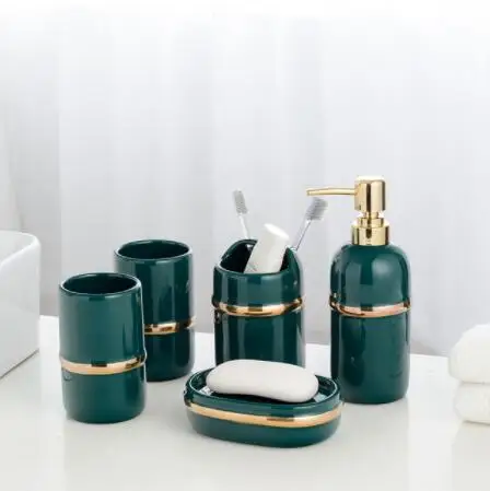 

Nordic Luxury Bathroom Supplies Dark Green Ceramic Brushing Cup Soap Bottle Toothbrush Holder Bathroom Decoration Accessories