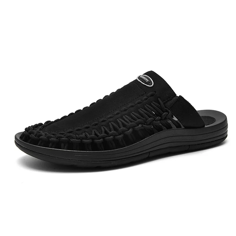 LIN KING High Quality Breathable Knit Men's Outdoor Slippers Fashion Black Slides Comforable Summer Casual Beach Shoes For Man