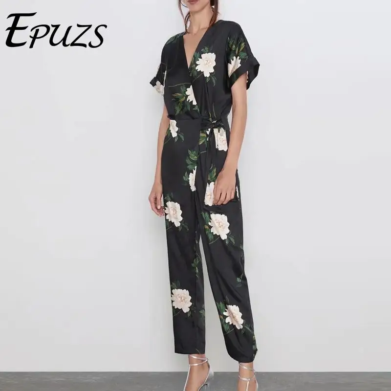 

2019 short sleeve floral jumpsuit women Sexy v neck sashes summer romper Elegant casual high waist streetwear long overalls