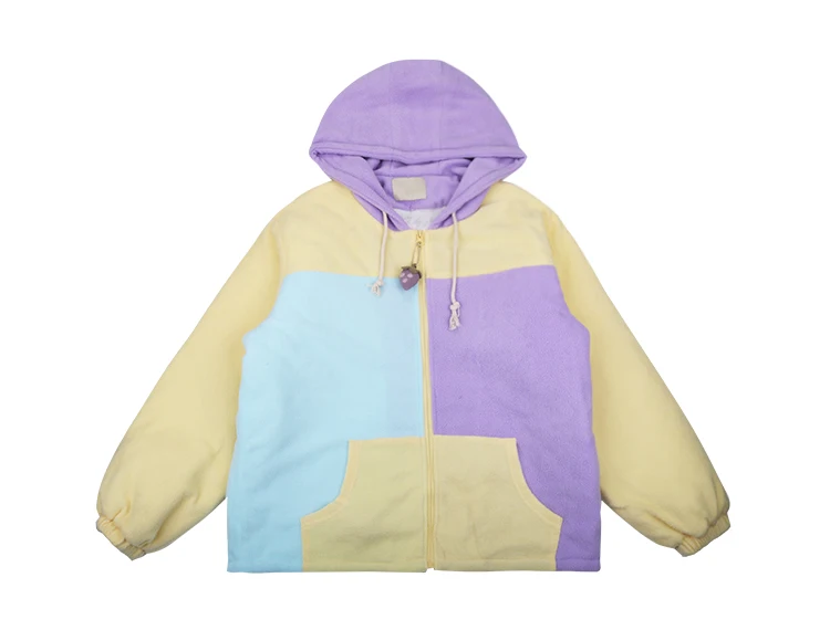 Winter New Preppy Style Macaron Color Stitching Sweet Women Winter Basic Jackets Thick Warm Flannel Outwear Coats Hooded