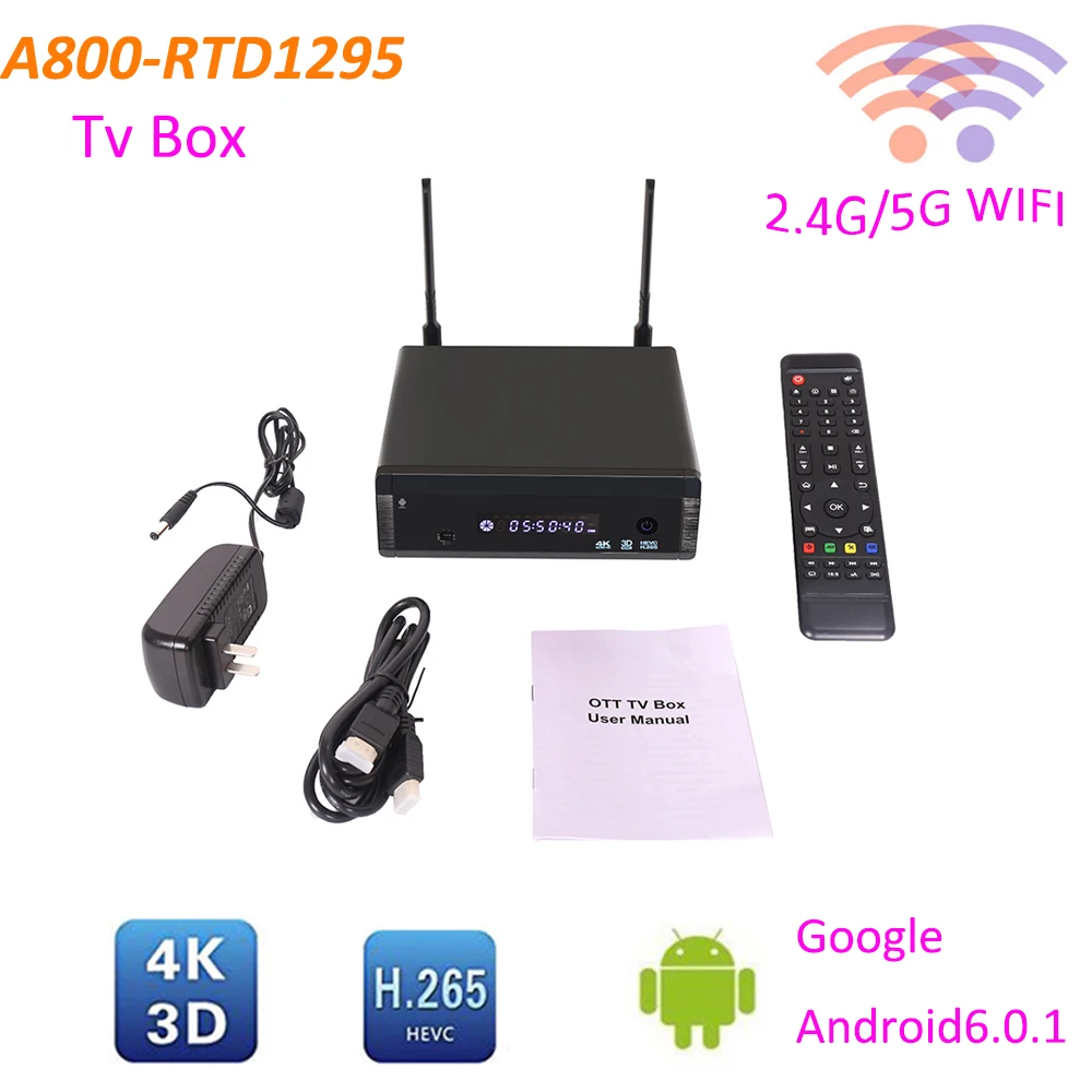 

A800-RTD1295 Tv Box Realtek RTD1295DD ARM Cortex-A53 Quad-Core Processer 2GB DDR4 8G/16G/32G ROM 2.4G/5G Wifi 4k HD media player