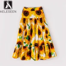 AELESEEN/Новинка года; элегантные женские юбки с цветочным принтом и подсолнухом; Классическая удлиненная юбка средней длины на молнии