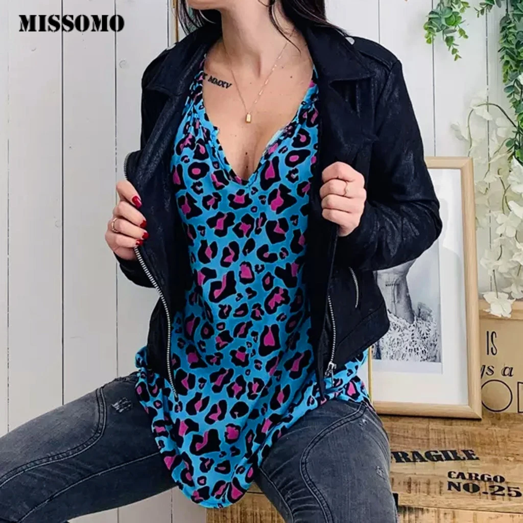 MISSOMO t shrit Женская Повседневная винтажная Женская одежда с леопардовым принтом рубашка с v-образным вырезом и длинными рукавами Топ весенние осенние Рубашки Топы 82