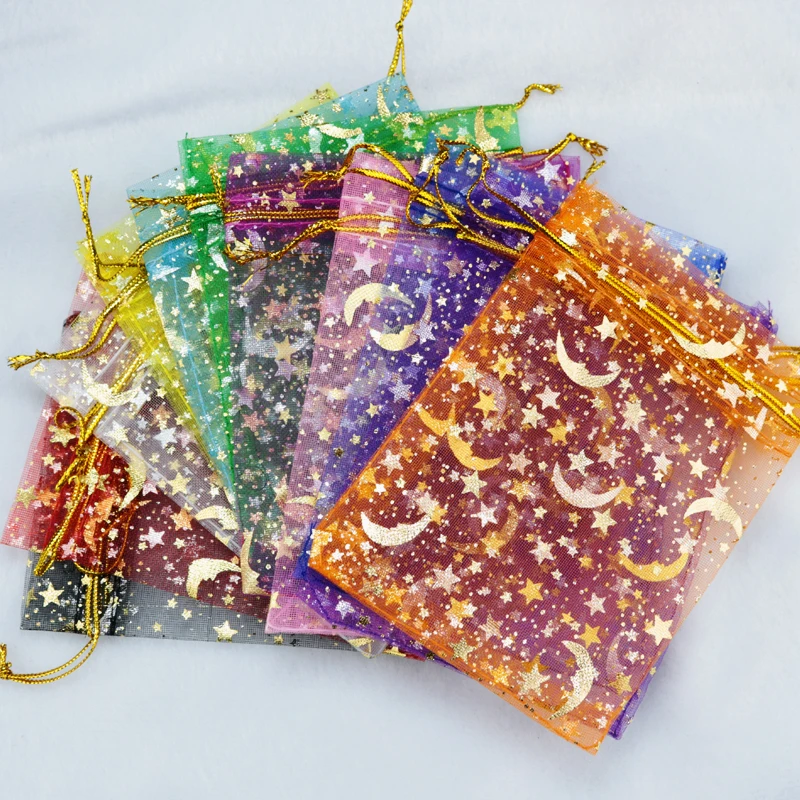 Christmas Moon & Star Purple & Gold Organza Gift Bags Pouches Size 13x18cm 
