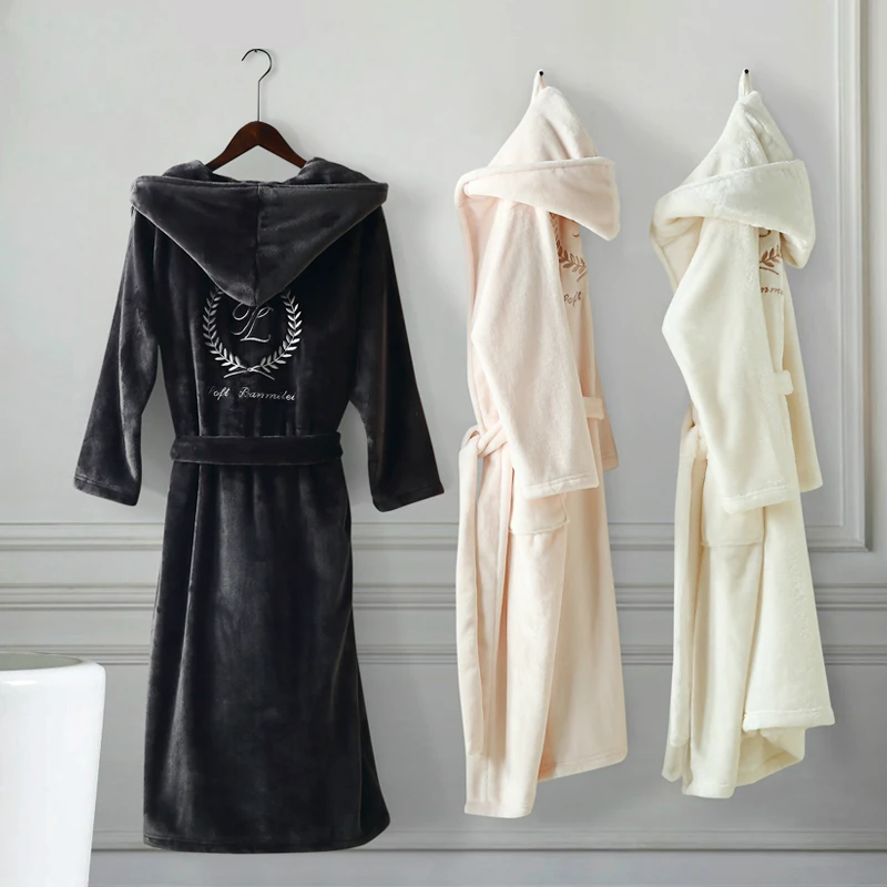 

Nordic Male Winter Hooded Bathrobe Soft Comfortable Flannel Dressing Gown Mens Home Warm Embroidery Winter Robe Women