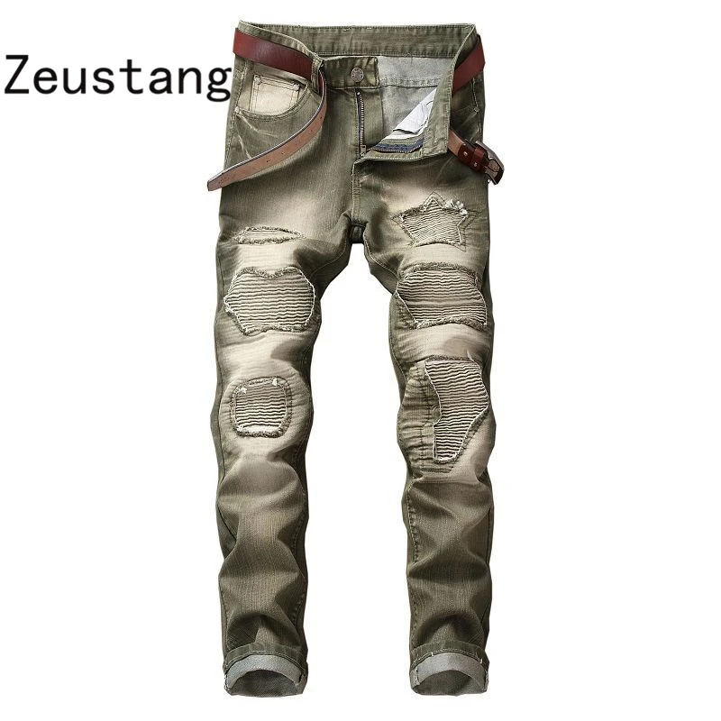No Belt) Spring Punk Style Men's Jeans Fashion Casual New Straight High Elasticity 28-42 Washed Ripped Hole Trousers JS03 - Цвет: as picture 2
