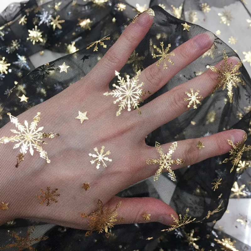 Высококачественная блестящая Снежинка звезды черный тюль платье ткань бежевый, синий, фиолетовый