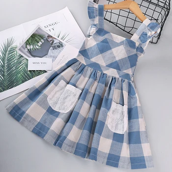 

Girls Dress 2020 New Summer Princess Dress Sling Plaid Elegant Casual Pocket Beach Costumes Party Dresses Children Clothing 3-7Y