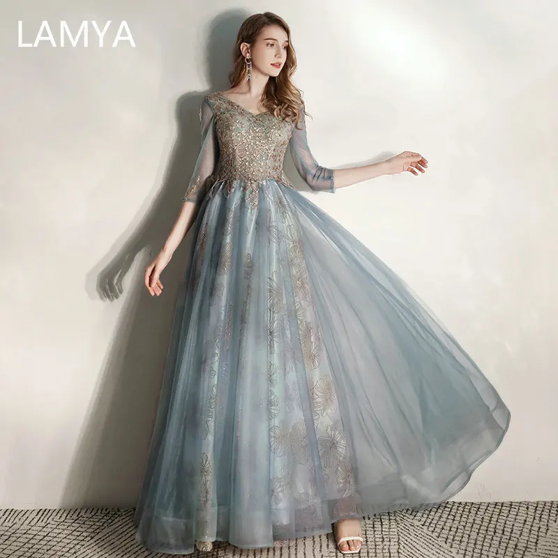 

LAMYA Half Sleeve Tulle A Line Evening Party Dress Elegant Lace Appliques Prom Gown Plus Size Golden Sequined Robe De Soiree