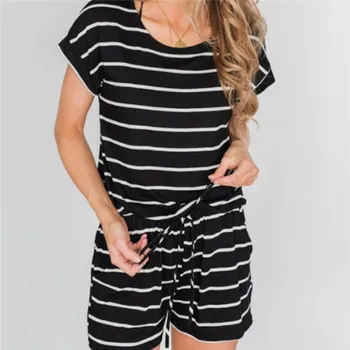 

Summer Solid Color O Neck Short Sleeve Drawstring Short Fashion Pockets Play Suit Striped Casual Loose Women Jumpsuit