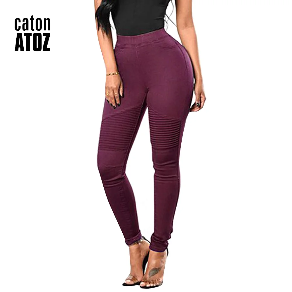 

catonATOZ 2148 Women's Burgundy High Waist Motor Jeans Stretch Denim Pencil Skinny Pants Jeans For Woman