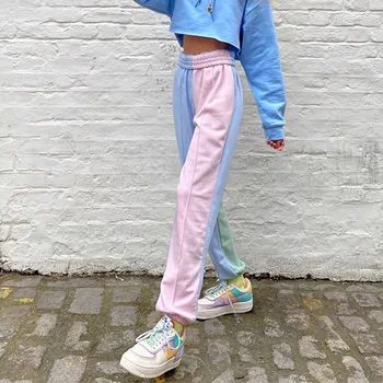 

Baggy Pants Women Joggers Korean Sweatpants Casual Pink Patchwork High Waist Trousers Female Contrast Color Pants Hip Hop