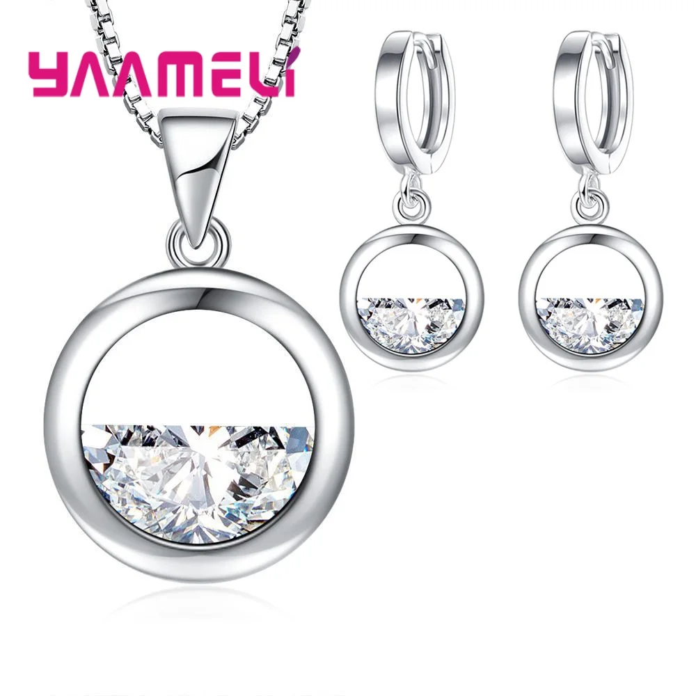 

Fashion 1set Classic Jewelry Set Women 925 Sterling Silver Jewelry Set Birthday Party Girls Shiny Crystal Round Stone Necklace