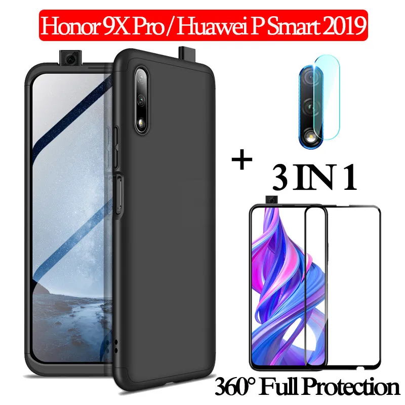 CaseFrontLensGlass1 3-в-1 cтекло+ 360 Защитный чехол на хонор 9x чехол Honor 9X Pro полная защита чехол Huawei-P-Smart- чехол хуавей-п-смарт- Пластик жесткий чехол хонор-9x задняя крышка чехол honor-9x - Цвет: CaseFrontLensGlass1