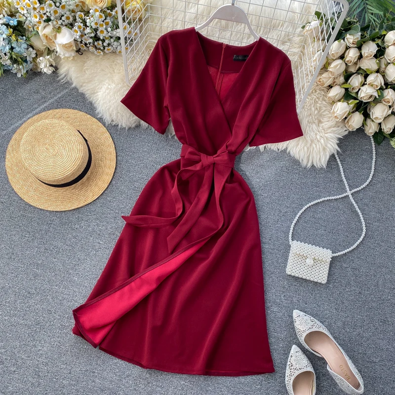 ALPHALMODA Весна Лето Женское платье с v-образным вырезом и короткими рукавами ТРАПЕЦИЕВИДНОЕ однотонное женское Повседневное платье