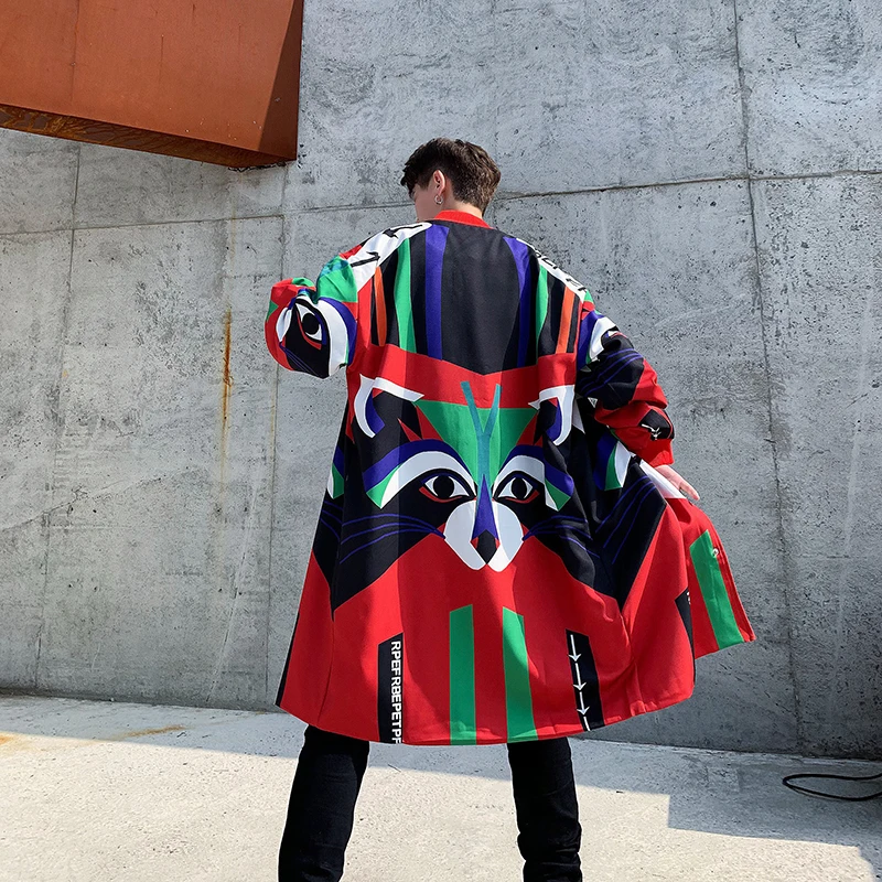 

Trench Coat Men Winter Long Hip Hop High Streetwear Style Overcoats SteamPunk Windbreakers For Man Punk Jackets Animal Print