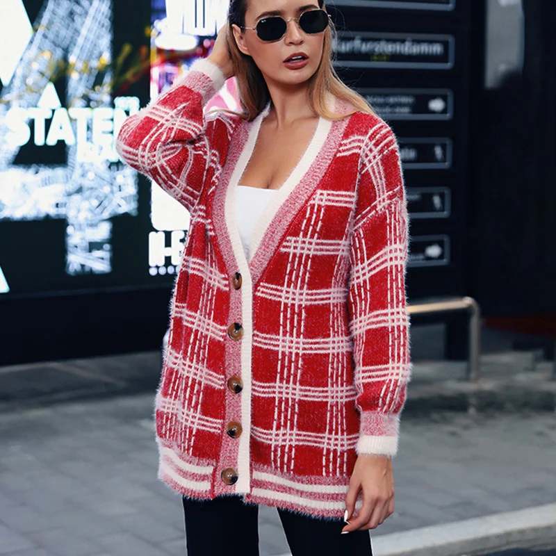 

ALLNeon Women's Cardigans Alaid Button V Neck Knitted Sweaters Ladies Autumn Winter Shaggy Kardigan Large Size Casual Sweaters