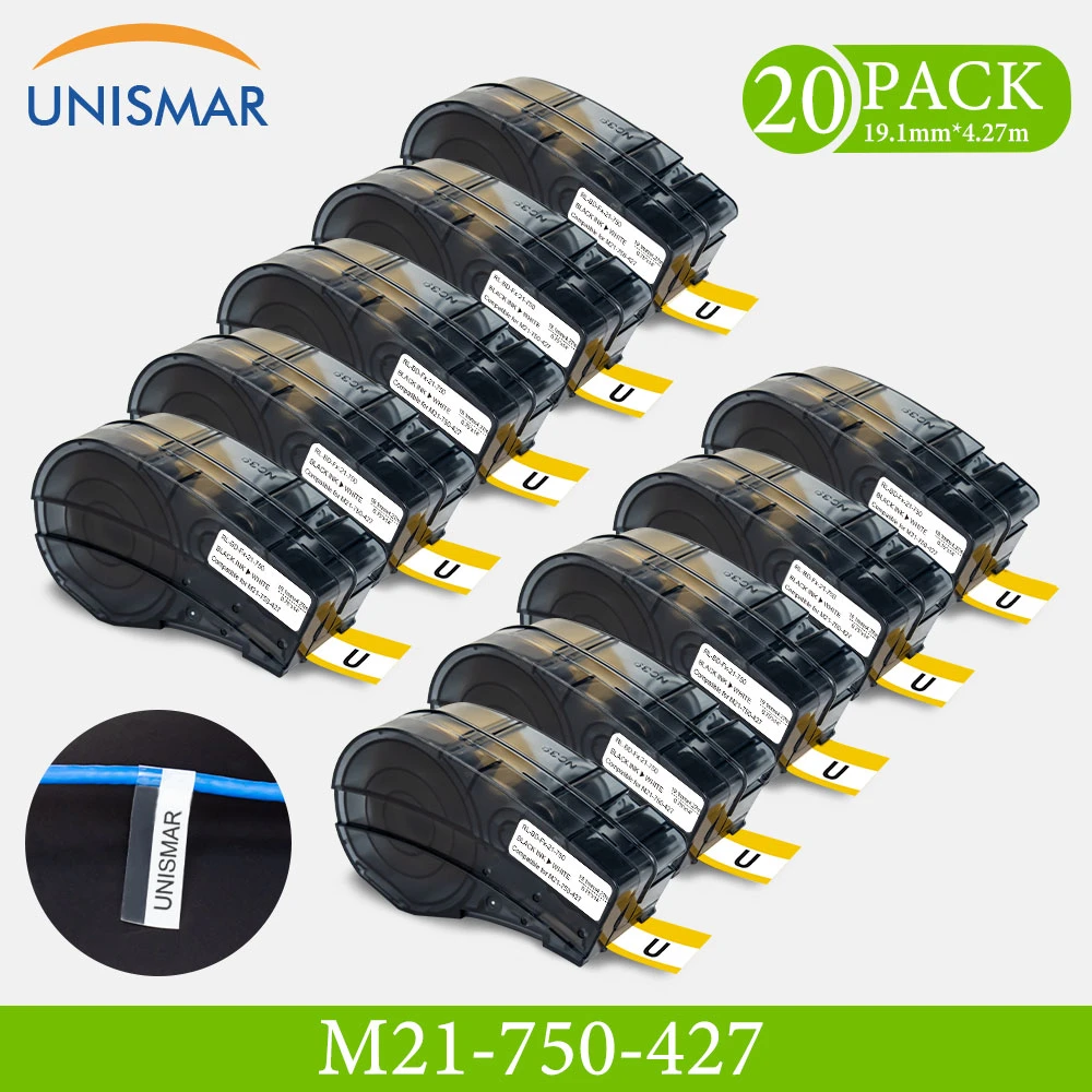 20PK M21-750-427 Compatible for Brady Printer Label Tape Black On White  Vinyl Film Use for BMP21 Plus ID PAL LABPAL Label Maker