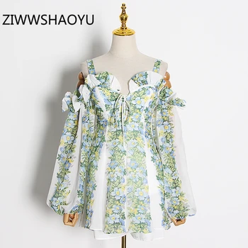 

ZIWWSHAOYU Summer Female Floral Print Boho Vacation Mini Dress Runway Designer Women Ruffles Backless Spaghetti Strap Dresses