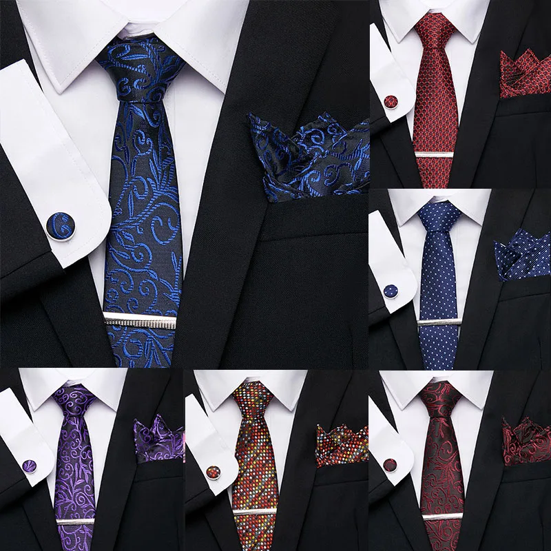 

Men's Stripe Necktie 7.5 cm 100%Silk Tie Clip Handkerchief Cuffink Necktie Set Flomal Dress Accessories Wedding Mens Classic Tie