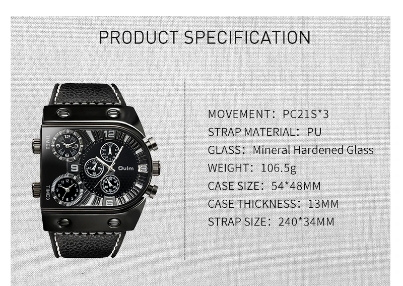 Goede OULM Sport Horloge Mannen Quartz Analoge Klok 3 Tijdzone Sub wijzerplaten Ontwerp Grote case Oversize Fashion Zwart Pols horloges relogio
