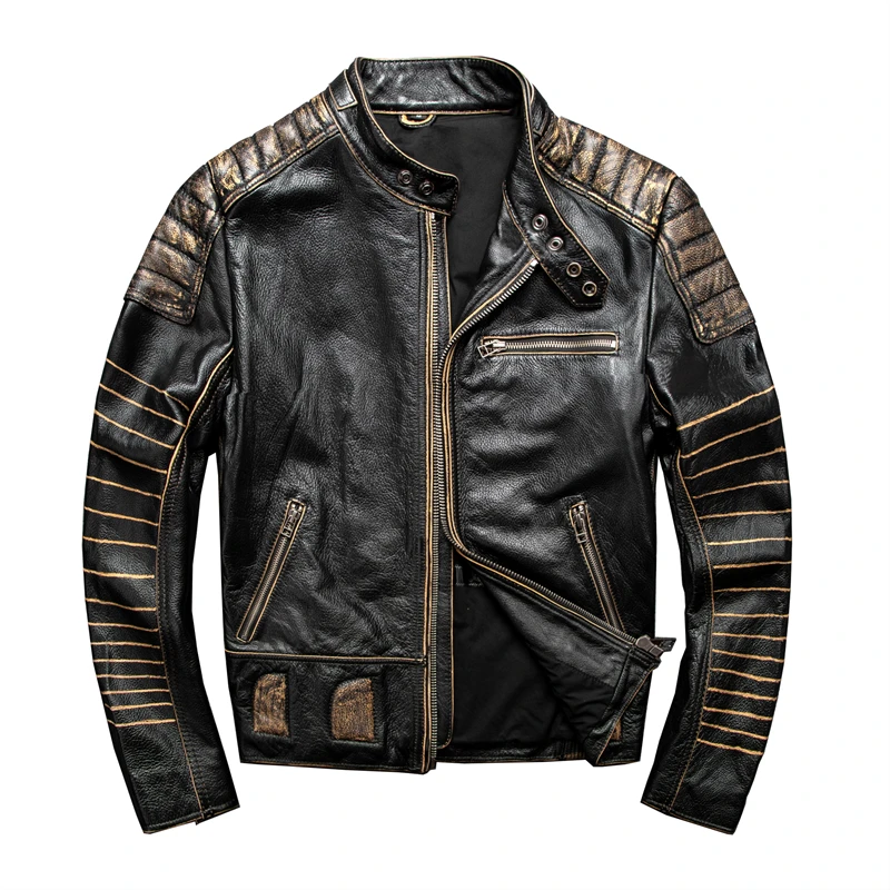 GU.SEEMIO Vintage Motorcycle Jacket Men Leather Jacket 100% Cowhide Genuine Leather Jackets Mens Biker Coat Moto Jacket 2020New sheepskin coat Genuine Leather