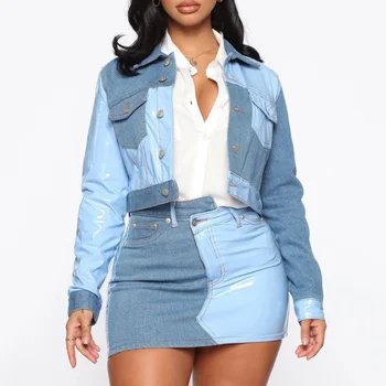 

Color Block Patchwork Woman Retro Denim Two Piece Sets Feminino Short Jacket Coat & Mini Skirts Fashion Casual Female Suits
