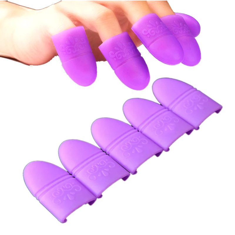 

10bag Nail Art Soak Off Finger Cap Purple Silicone UV Gel Polish Remover Tips Cleaner Reusable Polish Remover Wrap Manicure Tool