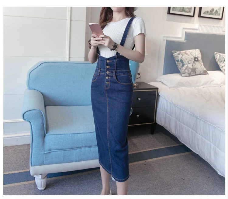 Long Denim Skirt With Straps Women Button Jeans Skirts Plus Size Long High Waist Pencil Skirt Denim Skirts Womens