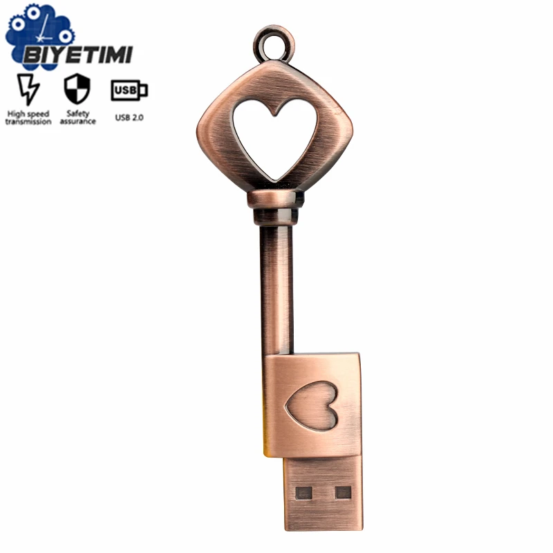 

Biyetimi Pen Drive Metal Pure Copper Heart Key Gift USB Flash Drive mini USB stick Key Genuine 4gb 8gb 16gb 32gb 64GB Thumb Stic