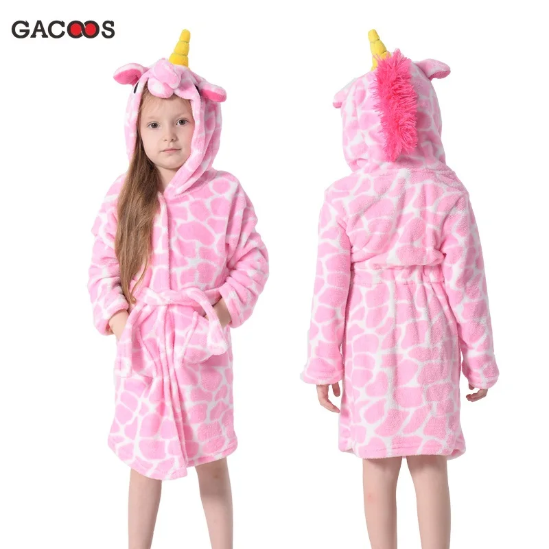 Kids Unicorn Bath Robes Winter Children's Bathrobe Kigurumi Animal Flannel Sleepwear For Big Boys Girls Pyjamas Nightgown - Color: pink stone