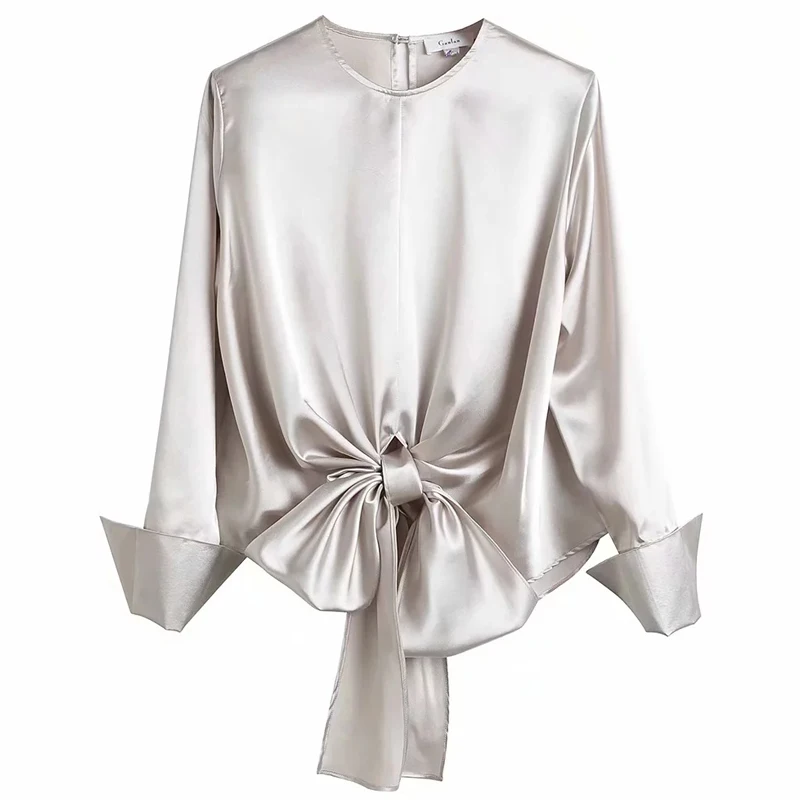 Женская блузка с бантом элегантная свободная однотонная круглым вырезом и
