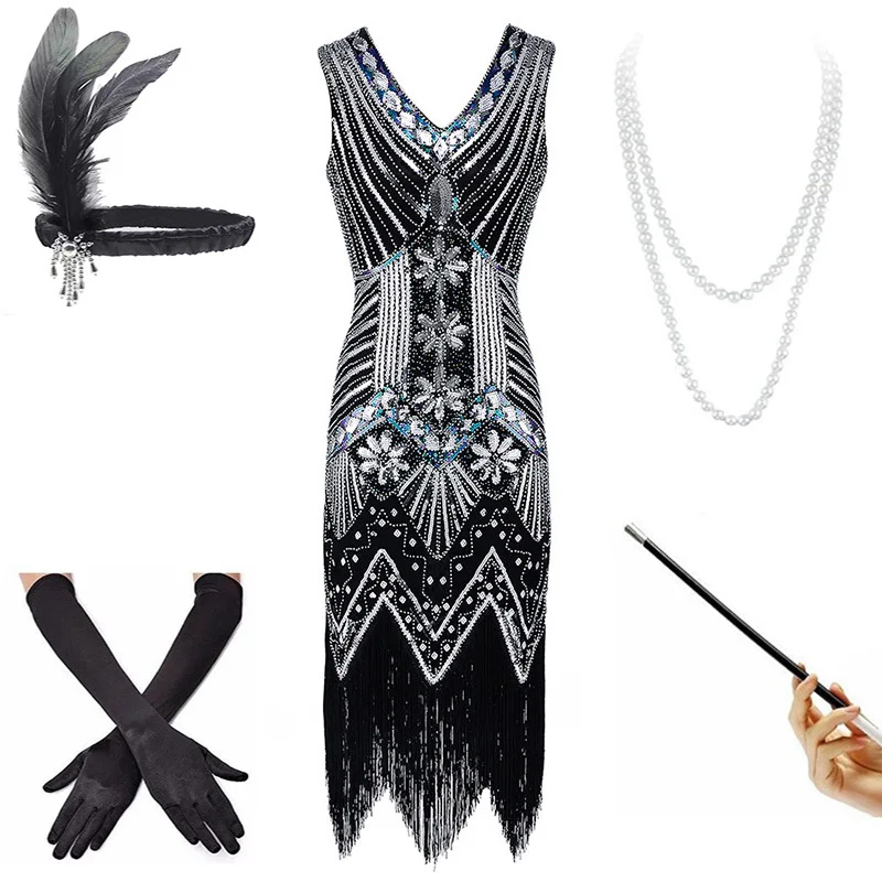 Black Set Винтажное платье размера плюс S1920s Gastby с блестками и сеткой в стиле модерн, украшенное бахромой, черный/зеленый/белый/золотой - Цвет: Black Set