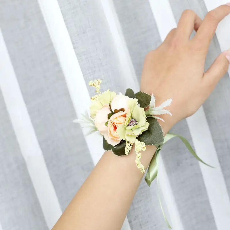 New Bridesmaid Wrist Corsage Party Wedding Rose Bracelet Silk Flowers RibbER 