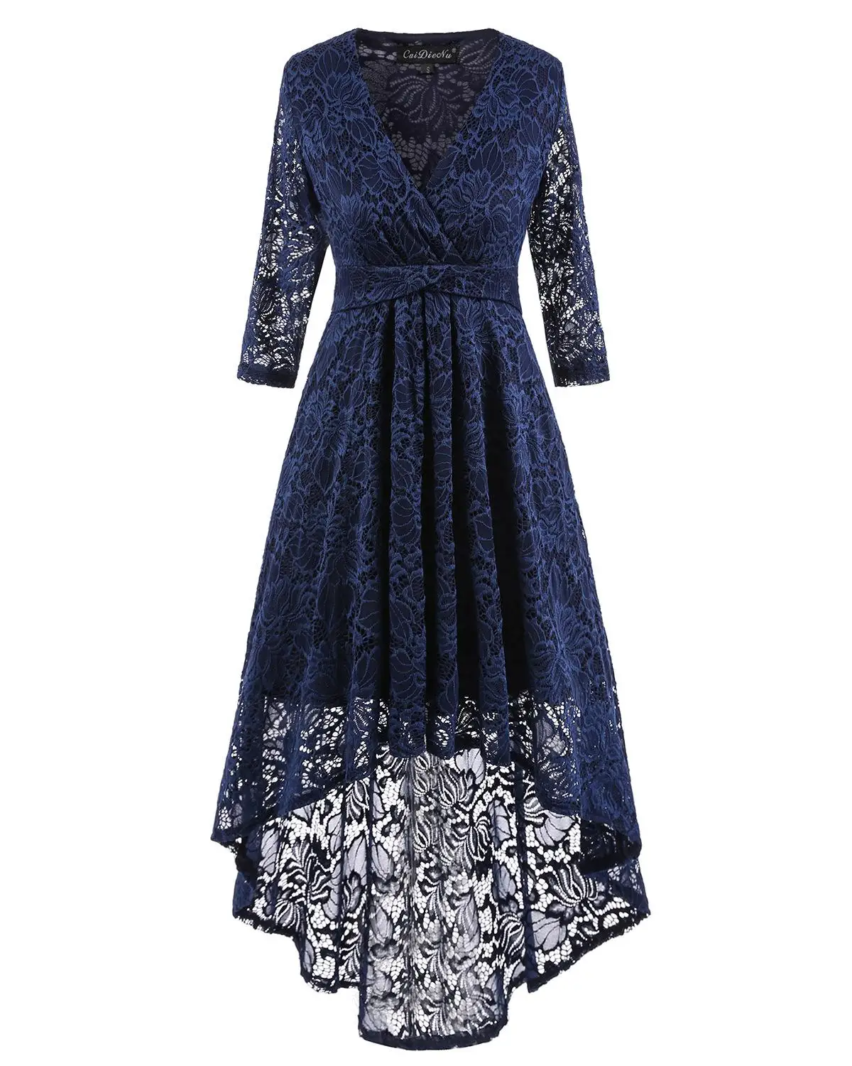 new hot explosion temperament V-neck slim lace seven-point sleeve dress woman S-2XL - Color: 2