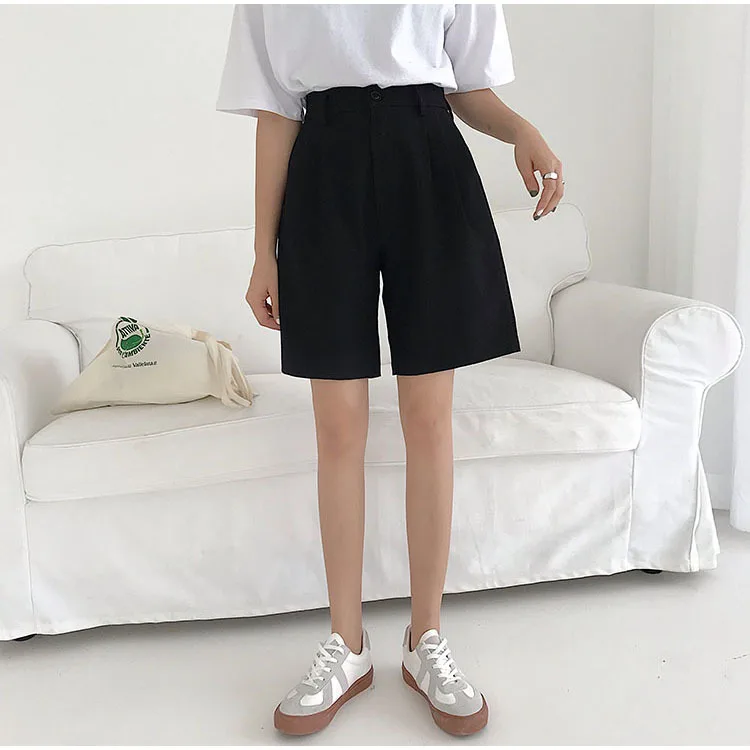 Unua amo Summer Black Suit Shorts Women Korean Style Casual Fashion Knee Length Wide Leg High Waist Shorts Female cotton shorts