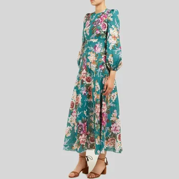 

Runway Green Linen Dress 2020 Summer Women Lantern Long Sleeve Painterly Floral Printed Wedding Dress Vintage Holiday Long Dress