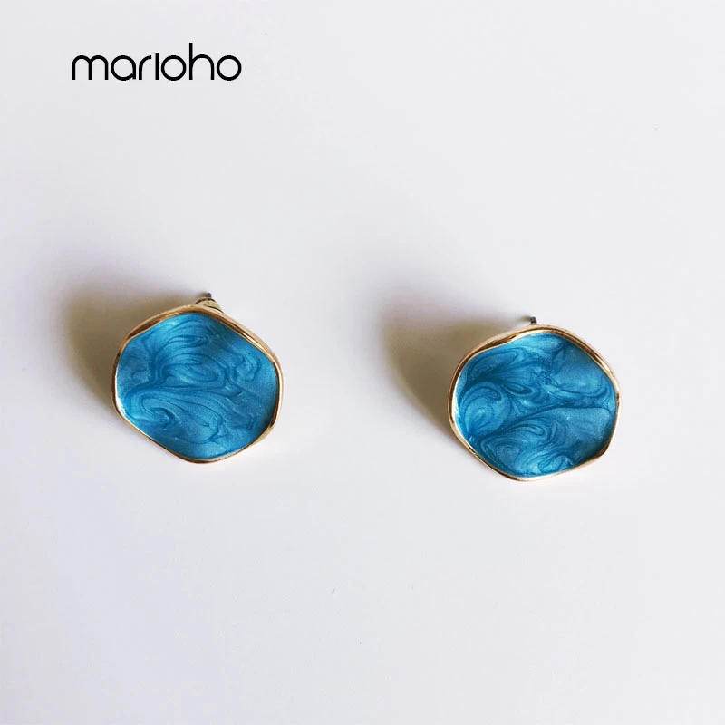 Retro Irregular Wavy Metal Blue Enamel Stud Earrings Art Oil Painting Sky Glazed Geometric Statement Jewelry Girl Gift | Украшения и