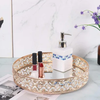 

3 Sizes Round European Gold Storage Tray Jewelry Cosmetics Organizer Mirror Metal Serving Tray Home Office Storage Holder Decor