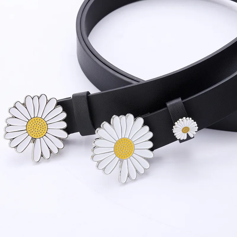 

High Quality Women's Belt Two Styles Black PU Leather Fashion Belt Daisy Metal Button Belt DIY Women's Casual Jeans Popular Belt