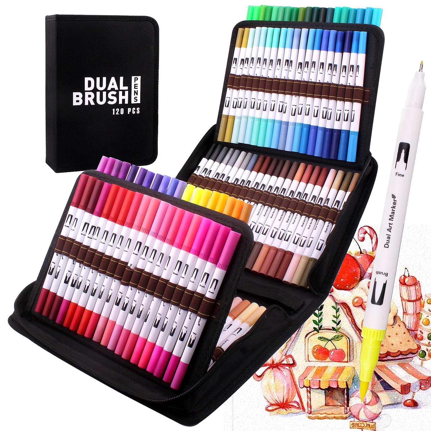 120 Colors Duo Tip Art Markers,Lanrenweng Fine Brush Tip Colored