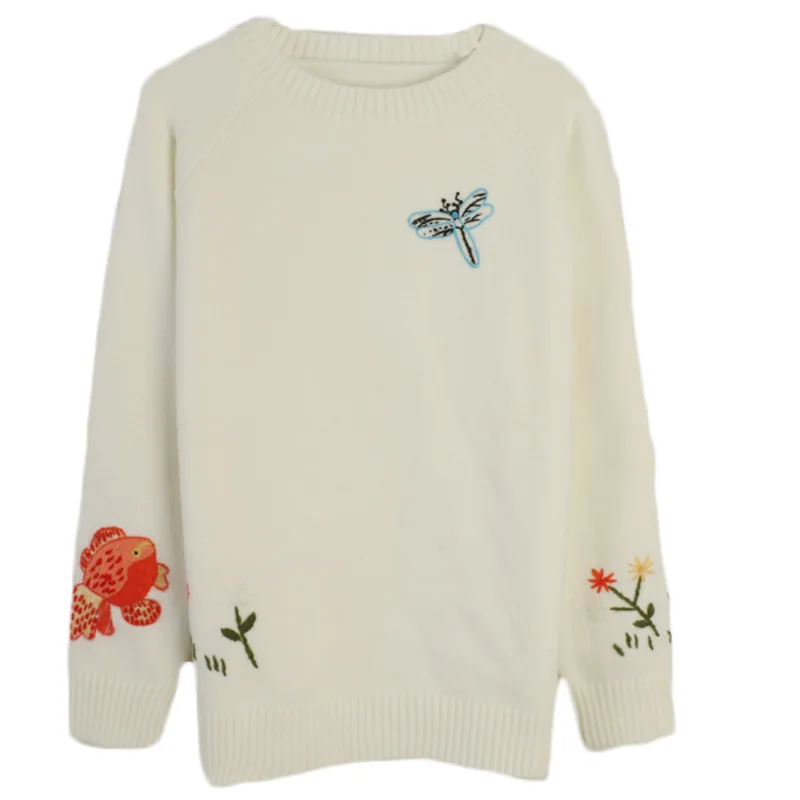 

Tunjuefs Fish and Flower Embroidery Sweater Women Jumper Animal Knitted Top Dragonfly Embroidery Runway Long Sleeve Pullovers