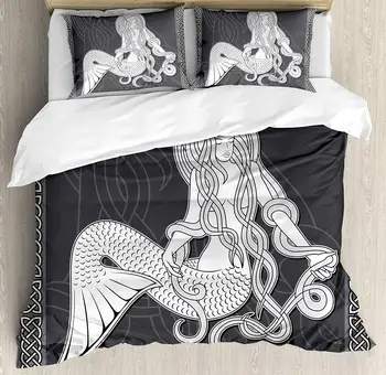 

Mermaid Duvet Cover Set Retro Art Illustration of a Mermaid Brushing Hair and Border with Patterns Decorative 3 Piece Bed