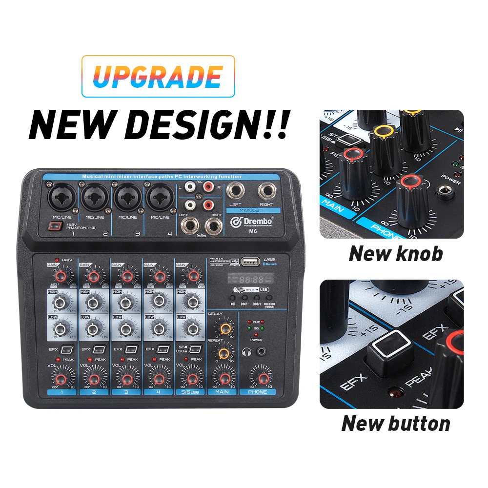  Drembo M-4/6 Protable Mini Mixer Audio DJ Console with Sound Card USB 48V Phantom Power for PC Reco