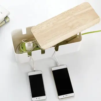 

ABS Multi-functional Cable Storage Box with Wooden Cover Charger Socket Organizer Power Strip Wire Case Desktop Finishing Tool