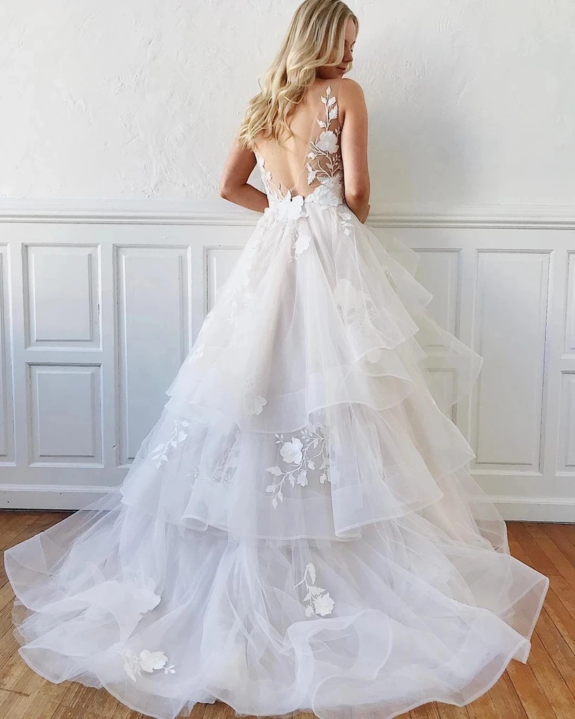 Красивые цветочные кружевные свадебные платья с оборкой Vestidos De Novia Многоуровневое открытое сзади органза романтическое свадебное платье