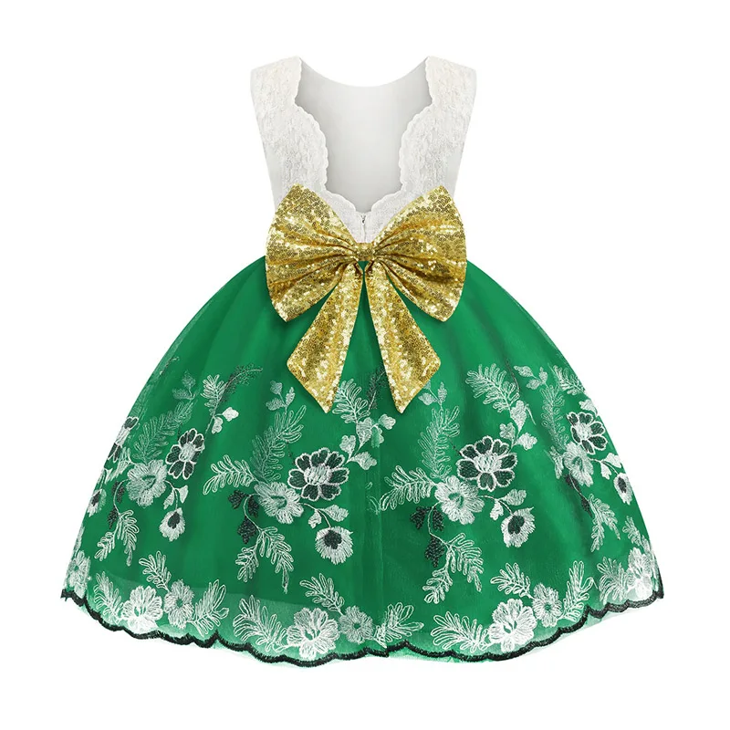 Новинка года; Летнее Детское рождественское платье с блестками; детская одежда с большим бантом; платье принцессы с цветочным узором для девочек на свадьбу, день рождения, вечеринку - Цвет: Green